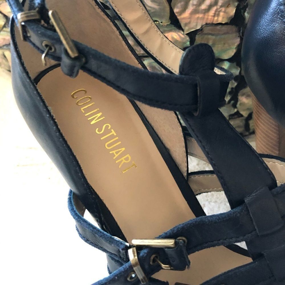 Colin Stuart navy strappy leather heel sz 10 - Picture 3 of 6